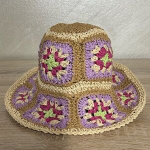BCBGeneration Straw Crochet Granny Square Bucket Hat One Size Multicolor